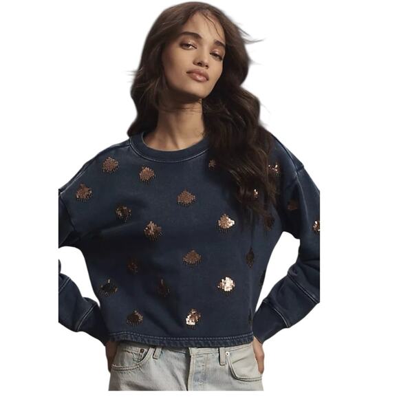 Pilcro by Anthropologie Navy Blue Sequin Embellished Sweatshirt – Size L - Picture 2 of 10